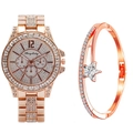 Rose gold watch and star bracelet set with sparkling crystals on white background - Rose Gold + Bracelet