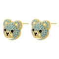 Close-up of golden bear stud earrings with light blue micro-pave crystals and black details - Bear Head / Gold Lake Blue