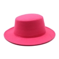 Detail view of the rose pink wool felt flat top fedora with a structured wide brim - M (56-58cm) / Rose Red