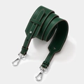 Adjustable dark green pebble leather bag strap with white stitching and silver hooks - Silver Clasp / Green