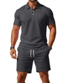 Men's dark grey waffle knit polo shirt and drawstring shorts casual two-piece outfit - S / Dark Gray
