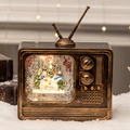 Vintage bronze TV-style musical snow globe with snowman, elk, and LED light - TV Three Snowmen