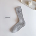Grey ribbed mid-calf cotton socks with navy blue insect embroidery for women - 35-40 / Bee Embroidery / Light Gray