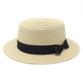 Elegant beige flat top straw boater hat with black ribbon bow for summer beach sun protection - S (54-56cm) / Beige