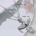 Angel wing pendant necklace with green gemstone and white zircons on silver snake chain - Silver Large Wings with Green Zirconia