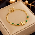 Vintage gold butterfly bracelet with rectangular green crystals and adjustable tail chain - Gold