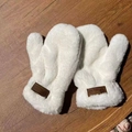 Winter fleece bear mittens for women in white plush fabric with neck hanging strap - Rabbit Fur Leather Tag / White