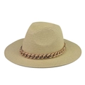 Classic beige straw fedora hat featuring a stylish rose gold metal Cuban chain band - Adult 57-60cm / Beige