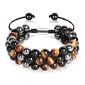 Verstellbares zweilagiges 8mm Blaues Tigerauge und Hämatit Steinperlenarmband für Herren - Doppellagiger Geflochtener Stil / Gelbes Tigerauge Mit Schwarzen Perlen