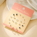 12 pairs of silver titanium steel earrings set with heart moon and star stud designs - Silver Moon Pearl (E1915-1)