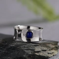 S925 sterling silver wide band open ring with a square blue gemstone in polished finish - Lapis Lazuli Bezel Wide Style (LR280)