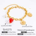 Gold stainless steel bracelet with red strawberry and pearl charms for women - Strawberry Sun Scarab Pendant Style (SL41275)