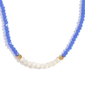 Handmade necklace featuring blue faceted crystals and ten elegant freshwater pearls - Lake Blue Jade Texture
