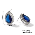 Detailed view of teardrop sapphire blue stud earrings with micro-pave zirconia borders - Blue Stone/Silver Base