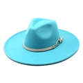 Detailed top view of wide brim wool fedora hat in teal blue with beige decorative band - M (56-58cm) / Lake Blue