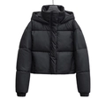 Women's slim fit black hooded puffer jacket with a slight glossy finish on a white background - XS / Black