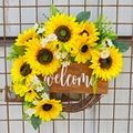 Ghirlanda di girasoli artificiali con targa Welcome in legno per decorazione porta d'ingresso - 45x40cm / Ghirlanda di benvenuto per porta con girasole artificiale