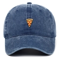 Close-up of vintage washed navy blue cotton baseball cap with embroidered pizza detail - One Size / Navy Blue