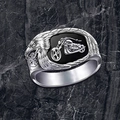 Detailed close-up of retro punk ring featuring eagle relief and motorcycle emblem - US 7 / Relief Motorcycle