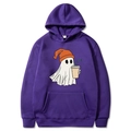 Purple Halloween hoodie with ghost holding coffee print, kangaroo pocket variant - Purple
