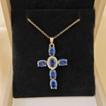 Gold-plated cross necklace with blue sapphire-like oval stones and tiny zircons - Gold Base Blue Gemstone Style / Gold Blue Necklace