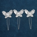 Detail view of silver butterfly hair pins with hollow wings, rhinestones and pearls - Hollow Rhinestone Butterfly Style (FZ-001) / 3pcs / Silver