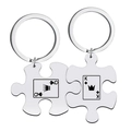 Polished stainless steel puzzle keychain set featuring King and Queen heart engraving - Silver K & Q Keychain Set