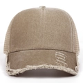 Close-up of vintage washed denim baseball cap with distressed brim and mesh back - Adjustable / Khaki