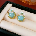 Vintage round resin stud earrings with light blue center stone and white floral motif - 14# Silver Pin Round Flower Pearl Glass Studs
