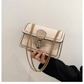 Beige snakeskin embossed shoulder bag with gold bee buckle and metal chain strap - Beige
