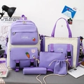 Five-piece violet and cream student backpack set with cute patches and tote bag - Purple 5-Piece Set