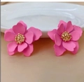 Pink multi-layered floral earrings with golden pistils and matte resin texture - Rose Red (WEH1955)