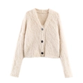 Cárdigan de punto suave y esponjoso para mujer con cuello en V y botones negros en crema - S / Blanco lechoso
