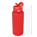 Matte red large stainless steel insulated bottle with straw lid and cleaning brush kit - 1L / Red