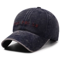 Vintage washed navy blue denim baseball cap with red embroidered letters for casual wear - Adjustable / Dark Blue