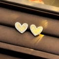 Elegant gold heart earrings with yellow crystal center and white rhinestone border - 60# Micro-pave Heart Studs
