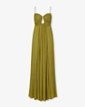 Close-up of olive green pleated maxi dress with U-shape cutout and fine shoulder straps - S / Green