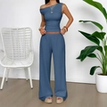 Women's two-piece casual blue vacation set featuring textured tank top and wide-leg trousers - XS / Denim Blue