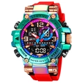 Rainbow and rose gold waterproof sports watch with red silicone strap and dual display - Colorful Red (Green Case)