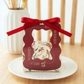 Deep red and beige floral wedding candy gift box with a red ribbon and handle - Red