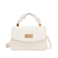 White quilted crossbody bag with gold turn-lock closure and pleated top handle detail - White