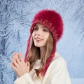 Faux fur trapper hat in wine red with colorful crochet trim and long tassels - Burgundy