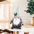 Grey Christmas gnome plush with knitted pointed hat and striped arms on a white stand - Grey Small Male Style / 25x10cm