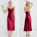 Deep red satin long nightgown with V-neck lace trim and silky fabric for women - Fuschia