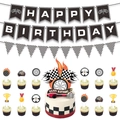 Kit déco fête anniversaire course avec bannière Happy Birthday et toppers à damier noir - Ensemble de Décoration d'Anniversaire de Course A