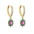 Detail of gold hoop earrings with pink oval gemstone and green zircon floral charm - Pink and Green