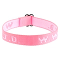 Detailed view of pink woven W.W.J.D. religious bracelet with black adjustable clasp - Single Piece / Pink