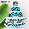 Three-layer blue and white zebra print cake foil balloon with Happy Birthday text, 100x69cm - Blue 3-Layer Cake