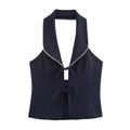 Dunkelblaues Halter-Top mit weißem Rand, zarten Schleifen und rückenfreiem Design - S / Dunkelblau