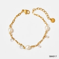 Golden stainless steel anklet with white pearls and clear crystal pendants on white background - Gold White (SBK017)